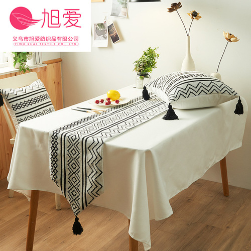 New Home Sheer Tablecloth with Geometric Line Style, Fringe, Double Layer, Minimalist Nordic Style