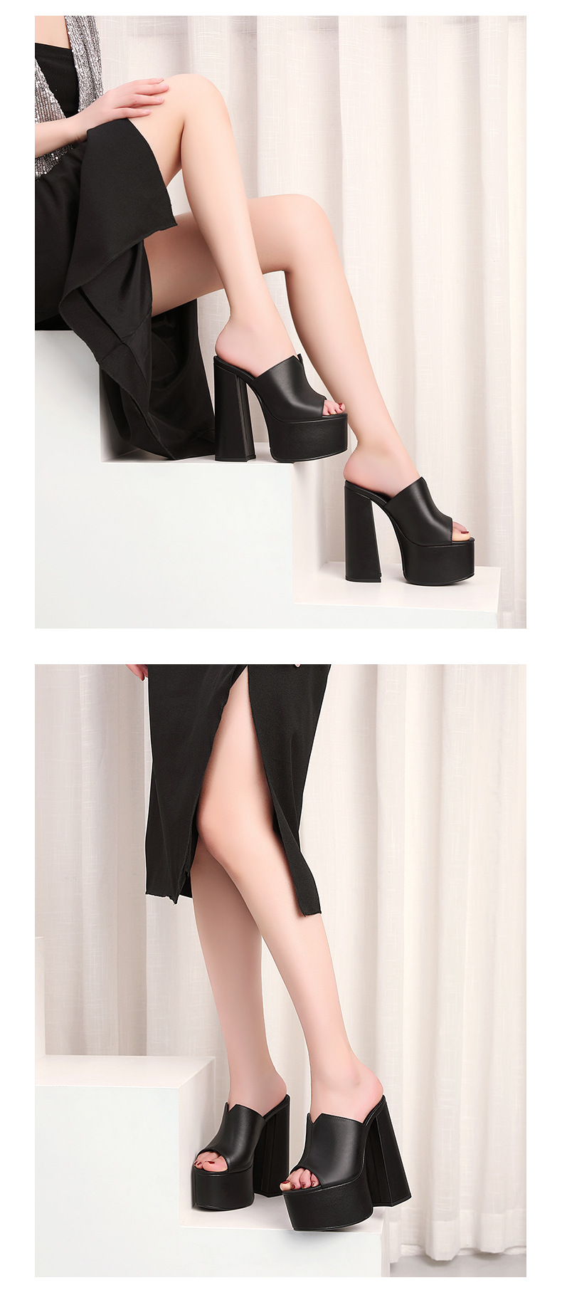 Sandal cao gót nữ hở mũi đế platform da bò mềm gót siêu cao — Màu đen chi tiết 8