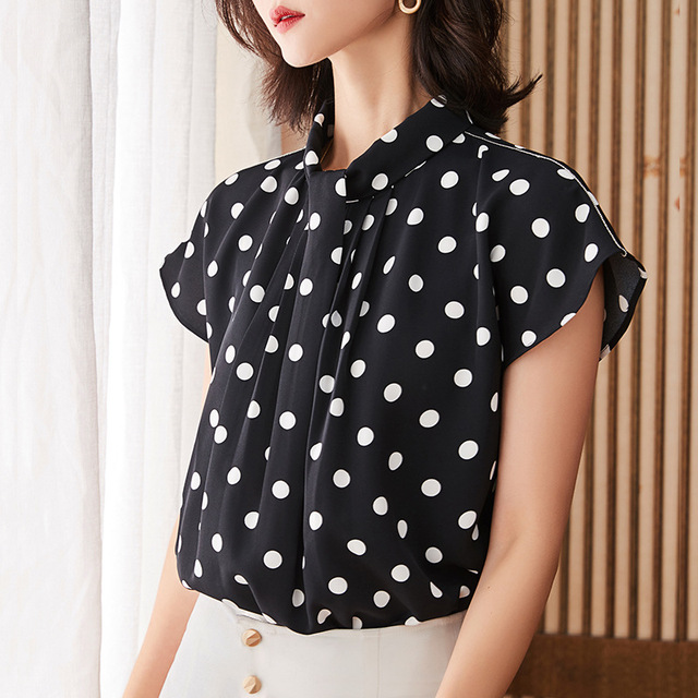 Polka Dot Chiffon Top Women’s bow short sleeve thin shirt Korean version