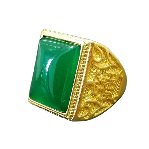 Wish hot selling imitation green jade square men's ring retro domineering green chalcedony finger ring to attract wealth and live mouth ring