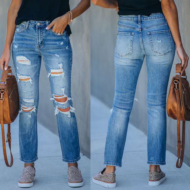 Slim Slimming Ripped Trousers Mid-Waist Jeans NSYF3229