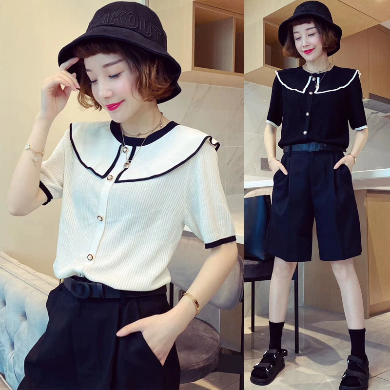 Европейская станция Лето 2020 Новый европейский женский кукольный воротник ледяной шелк футболка с короткими рукавами женский тонкий модный топ