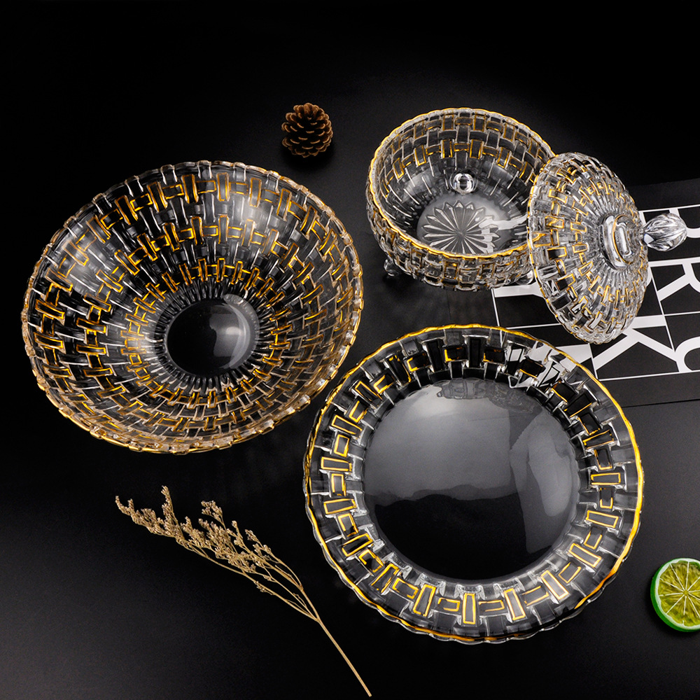 轻奢描金边果碗水晶玻璃果斗结婚果盘平盘带盖复古储物罐家居摆件