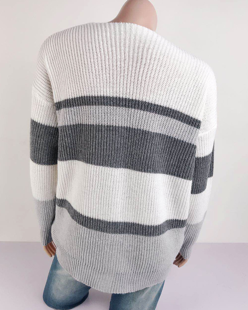 Women's Clothing 2023 autumn and winter new v-neck button striped patchwork sweater cardigan_voghion.com