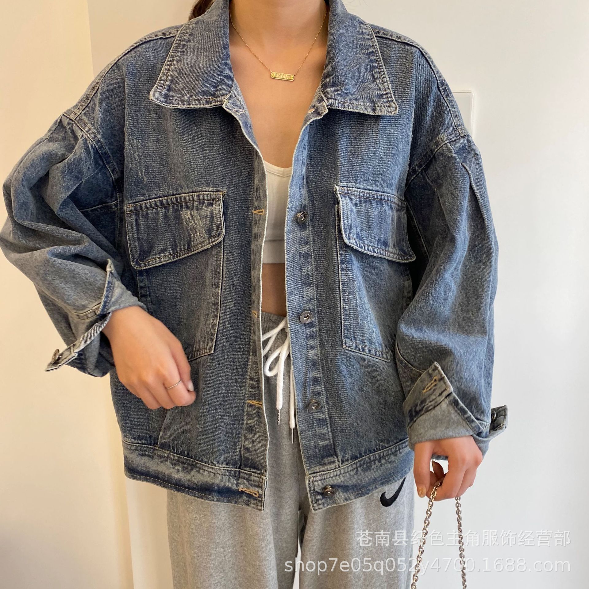 2020秋款牛仔外套新款泡泡袖亮片简约休闲宽松版韩版常规夹克上衣|ms