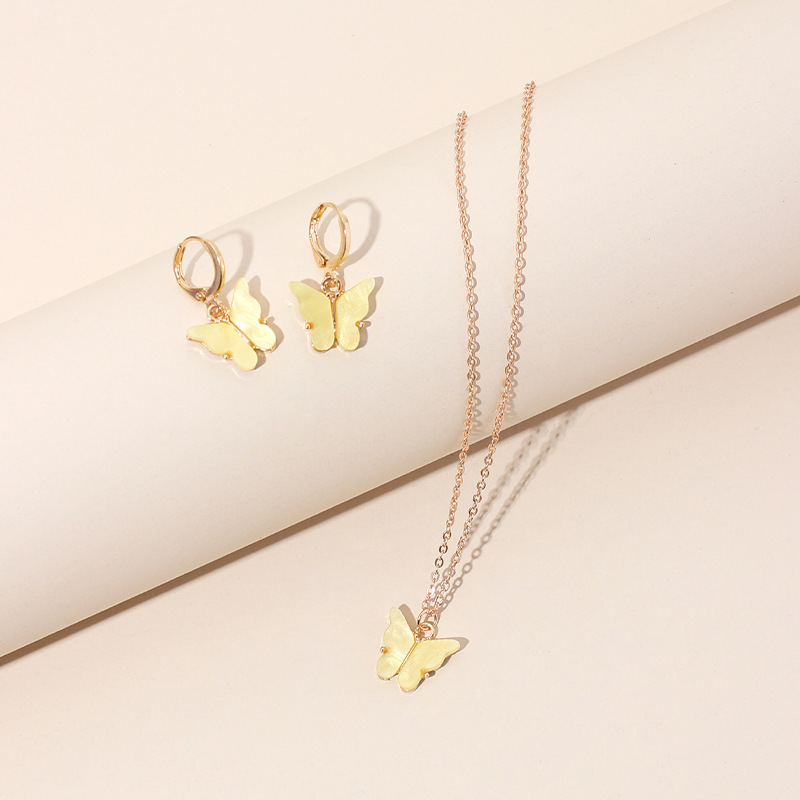 10g Weight Necklace Classification Wedding, Travel Occasion Alloy Material Circle Pattern Women'S Gender Pink, Purple, Green, Yellow Color Girls Fashion Butterfly Pendant Sen Earrings Clavicle Chain Super Fairy Earring Necklace 4