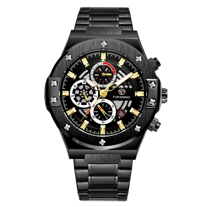 FORSINING Fusini 6914 correa de acero de moda para hombre reloj mecánico automático reloj impermeable luminoso de seis pines