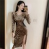 Sexy V-neck low chest slim slit solid velvet A-line skirt long sleeve dress