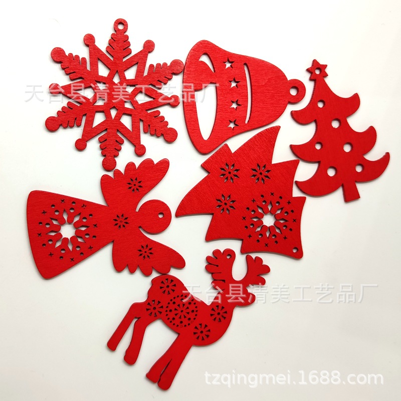 Productos de madera de la serie de Navidad roja DIY colgante de dibujos animados de Navidad de madera 10 piezas un paquete con 10 cuerda de cáñamo