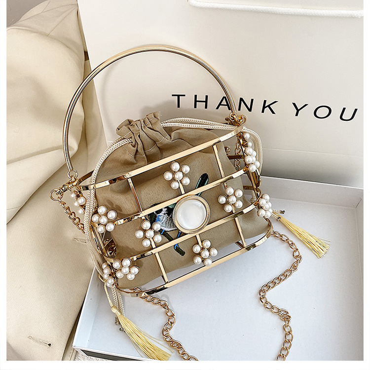 Fashion Pearl Sun Flower Hollow Black Rhinestone Handmade Portable Birdcage Dinner Basket Bag display picture 19