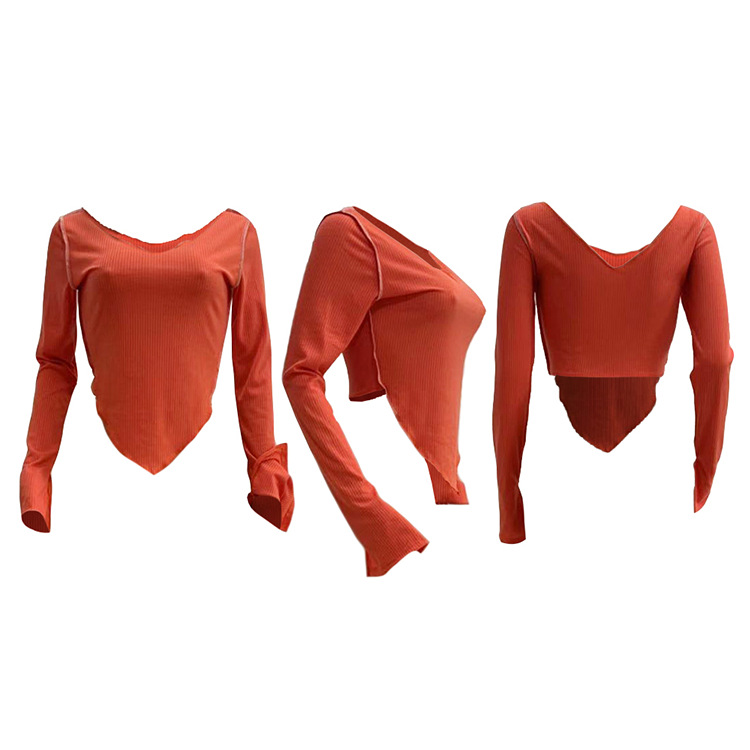 women s irregular stitching V-neck solid color long-sleeved T-shirt nihaostyles clothing wholesale NSGLS72815