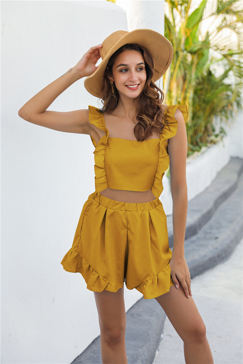 sling ruffle backless solid color vest and Shorts Suit NSHNF117257