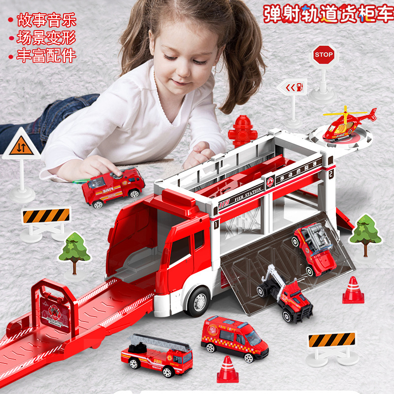 Large Catapult track Storage Glide Truck multi-function simulation acousto-optic story Model scene children Toys