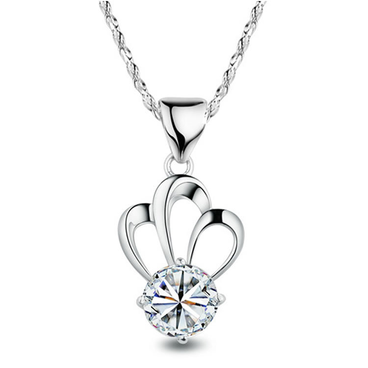 Jewelry wholesale s925Sterling silver plated platinum necklace Fashion Korean Edition Main Stone Single Zirconium Crown Pendant