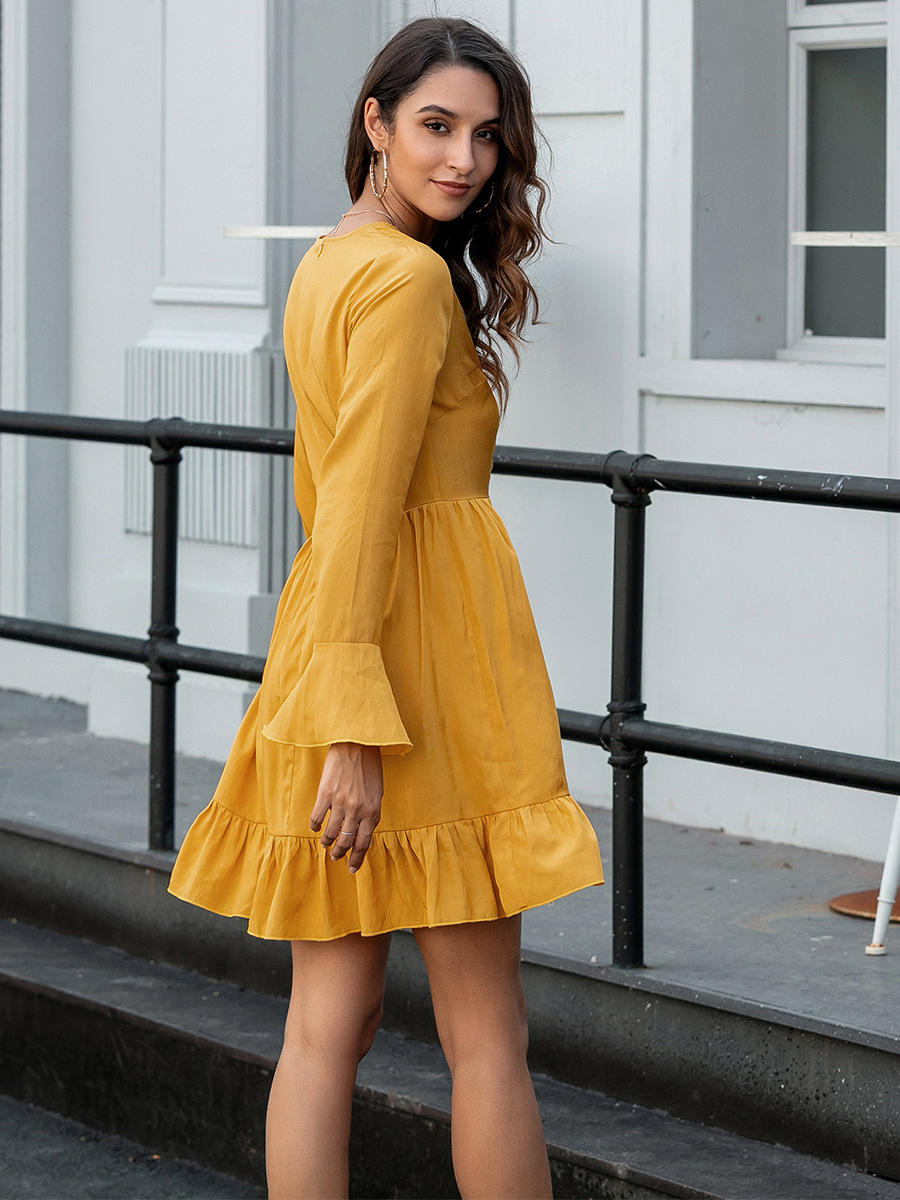 solid color V-neck fashion flared sleeve dress NSAL1976