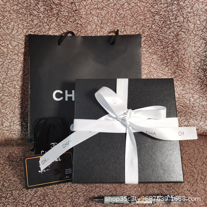 小香双C款毛衣链纸盒珍珠链吊坠盒子CH黑色气质饰品包装盒 购物袋