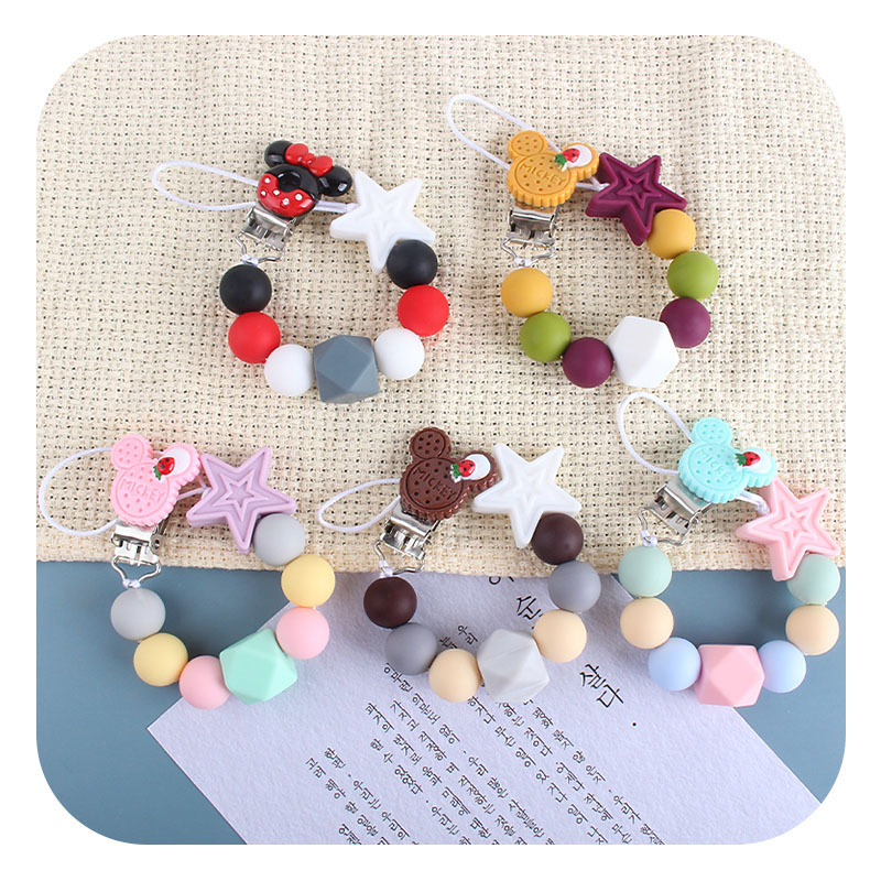 Bebé suministros nuevo Mickey chupete clip bebé mordedor silicona estrella de cinco puntas chupete cadena mordedor palo anti-gota cadena