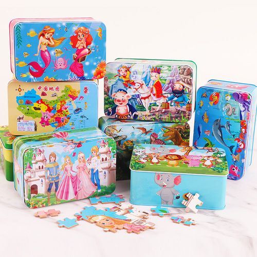 Children's wooden early education extra-large 200-piece iron box jigsaw puzzle animation street stall hot-selling toy agent wholesale