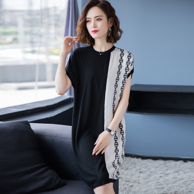 Ice silk knitting medium length T-shirt skirt women’s color blocking loose dress thin base skirt