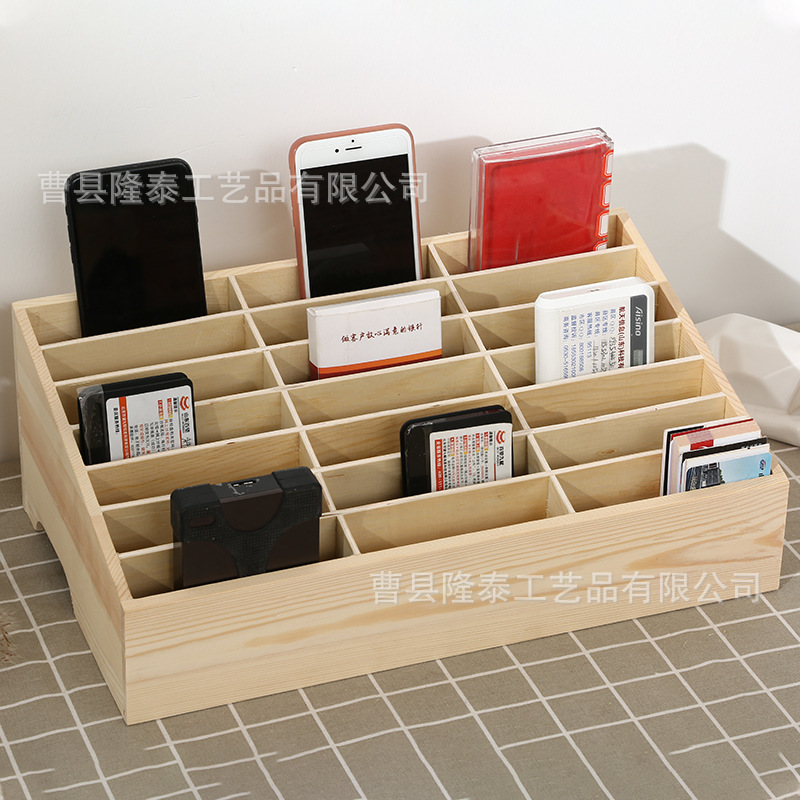 En stock caja de gestión de almacenamiento de teléfono móvil escritorio madera maciza retro multi-rejilla película templada caja de almacenamiento Oficina Conferencia rack de almacenamiento