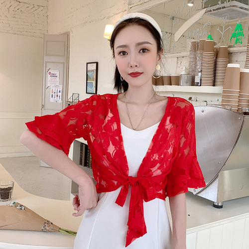 2024 summer versatile small shawl lace hollow cardigan waistcoat thin outer short-sleeved large size short women's sun protection clothing