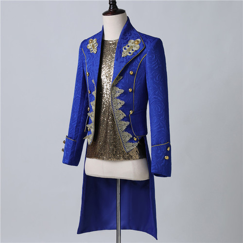 Men's royal blue jazz dance singers migician stage performance long tuxedo coats Fashion European Palace Prince Gold Long Embroidered film cosplay dresses Suit 