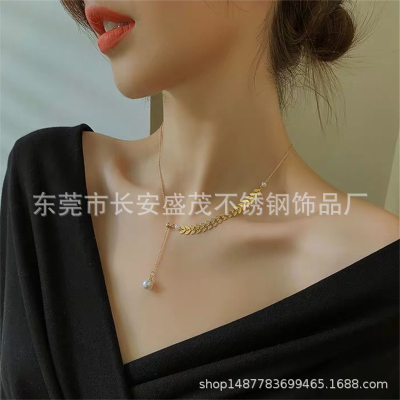 精致款珍珠choker仙柳叶链钛钢吊坠女 ins简约不锈钢饰品锁骨链