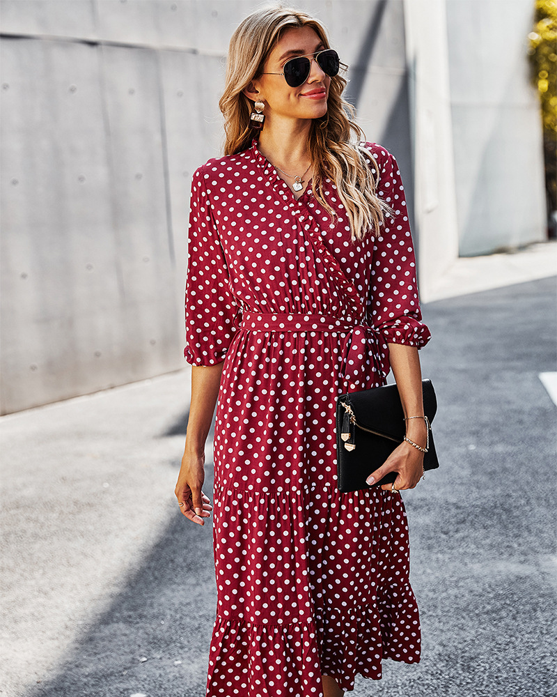 Long-Sleeved V-Neck Receiving Waist Polka Dot Dress NSDY100532