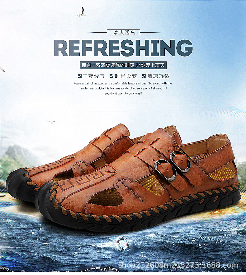Cross-border large-sized foreign trade men's sandals, men's genuine leather beach shoes, men's sandals, anti-slip soft-soled sports and casual flip-flops full figure