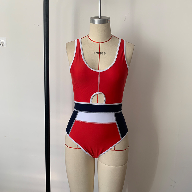 new European and American sexy solid color stitching onepiece swimsuitpicture3
