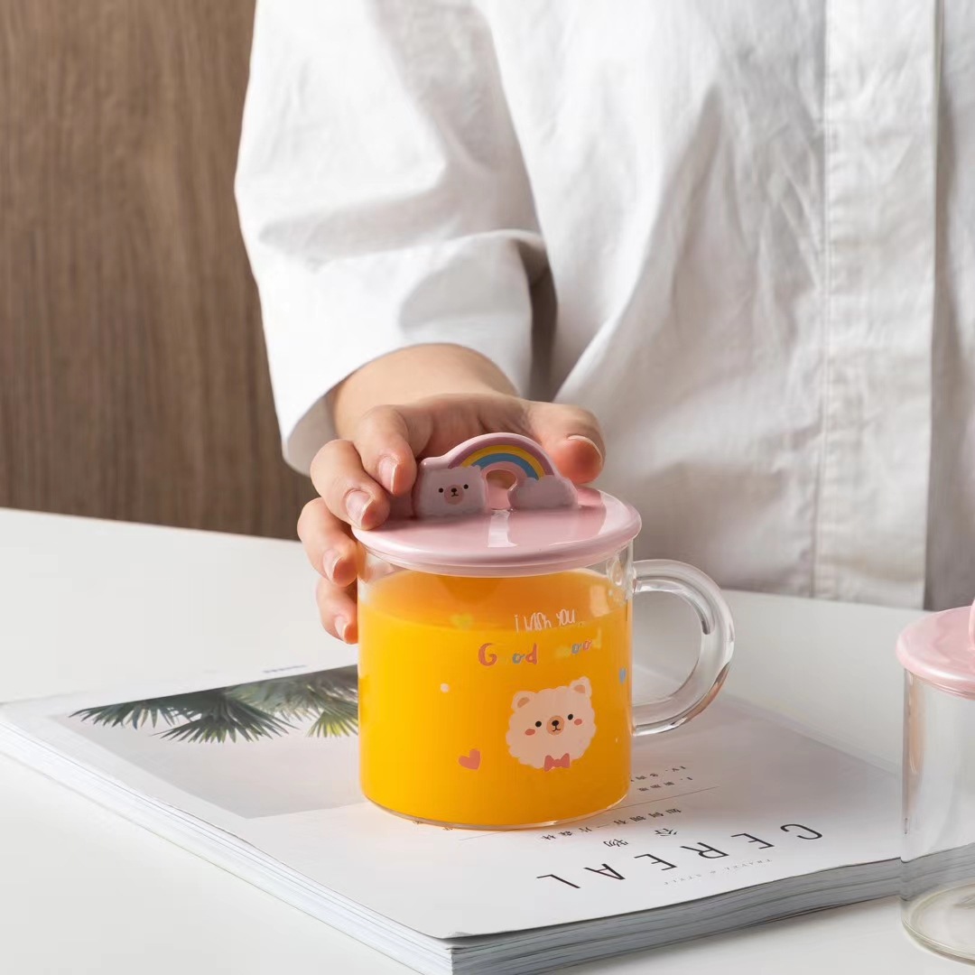 Lindo alpaca de dibujos animados de vidrio resistente a altas temperaturas taza de agua con tapa cuchara taza transparente regalo creativo taza de café