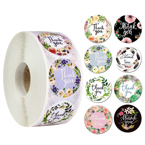 Cross-border flowers thank you sticker circular self-adhesive sticker 8 kinds of pictures festival gift decoration 500 pieces per roll