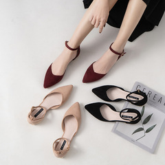 Women's flat shoes 2023 new spring and summer pointed toe hollow one-word belt fairy shoes black work shoes cross-border women's shoes