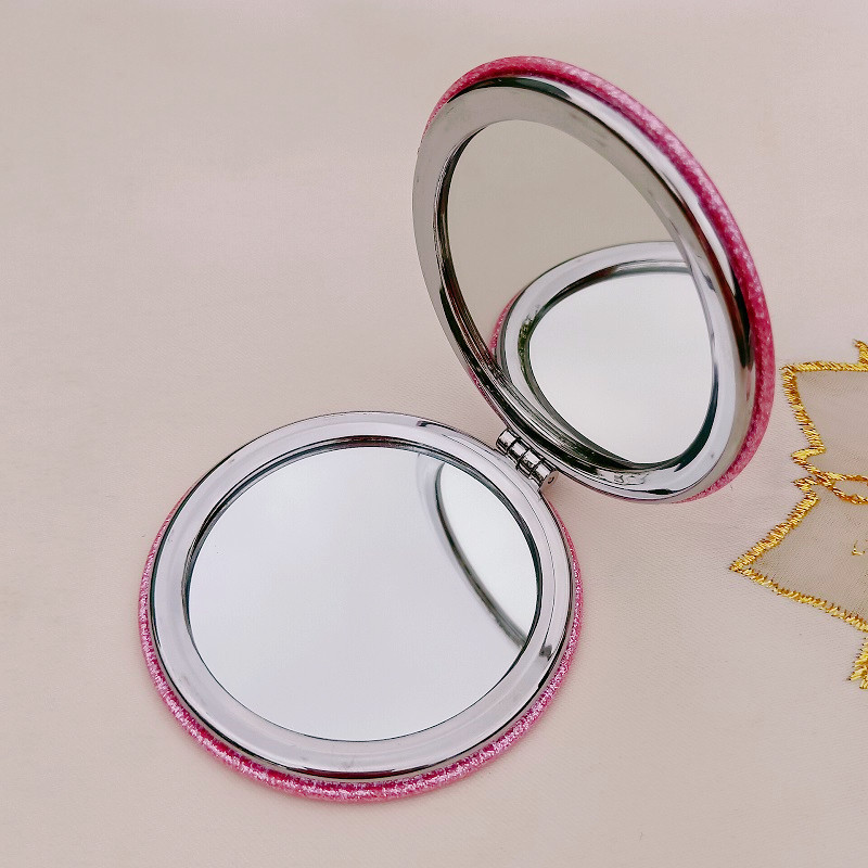 新款简约粉小镜子折叠PU皮随身便携双面镜子小清新圆化妆镜口袋镜详情7