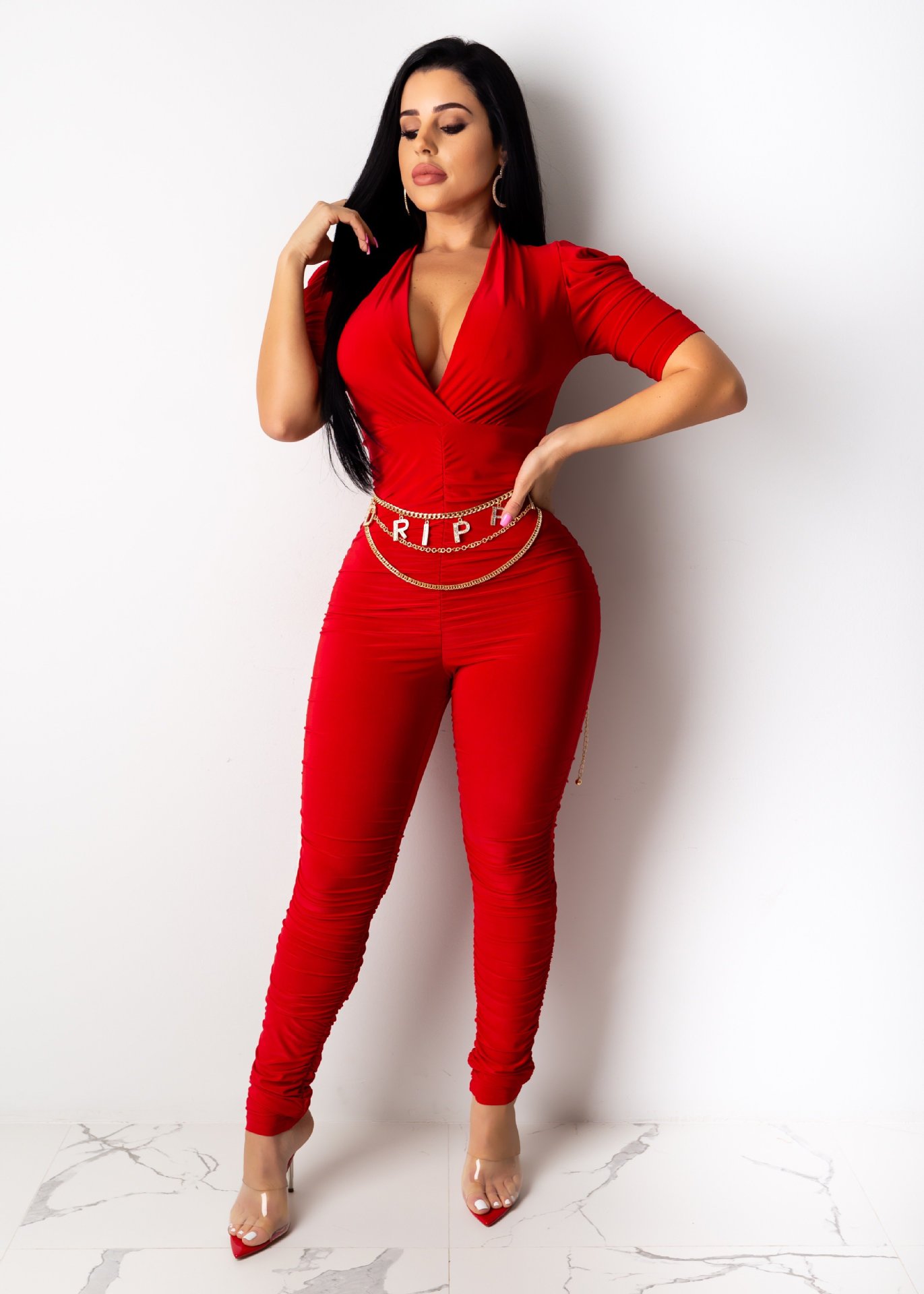 Cross-border European And American Women's Jumpsuit Solid Color Sexy V-neck Tucked Jumpsuit Amazon AliExpress
