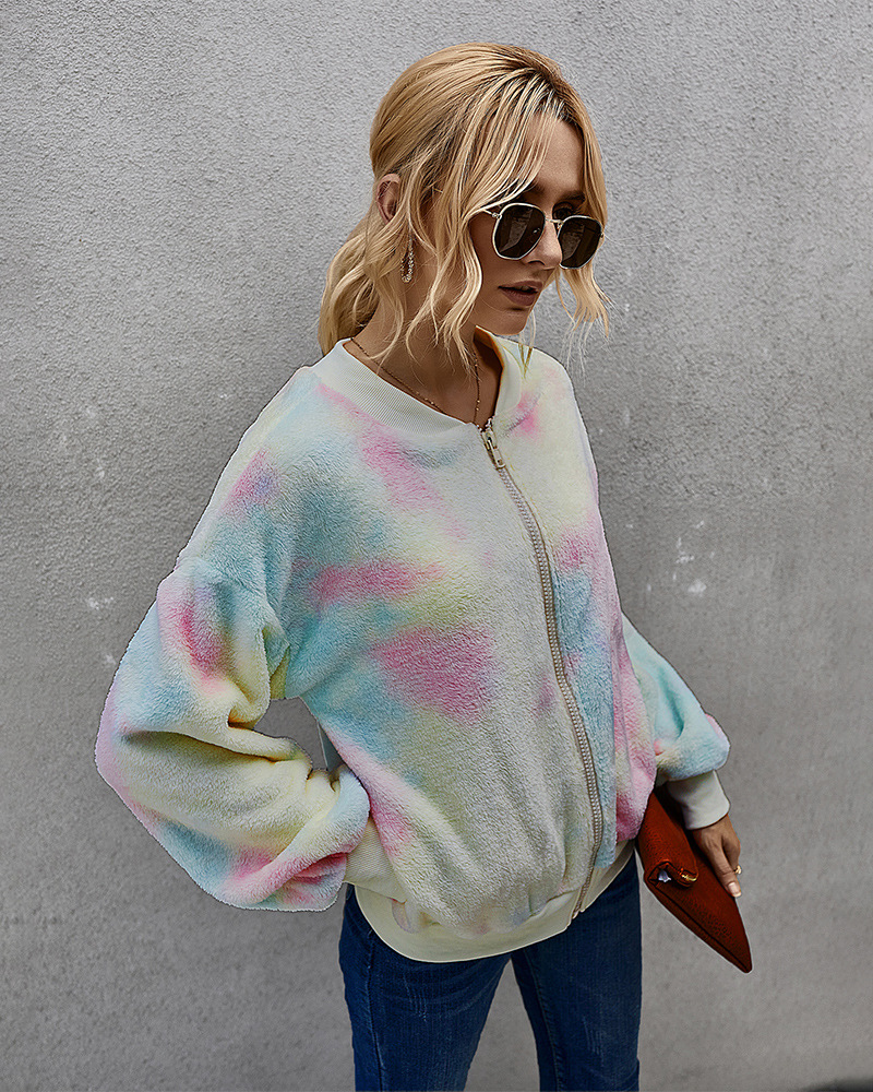 women s clothing winter contrast color tie-dye long-sleeved plush jacket women NSKA214