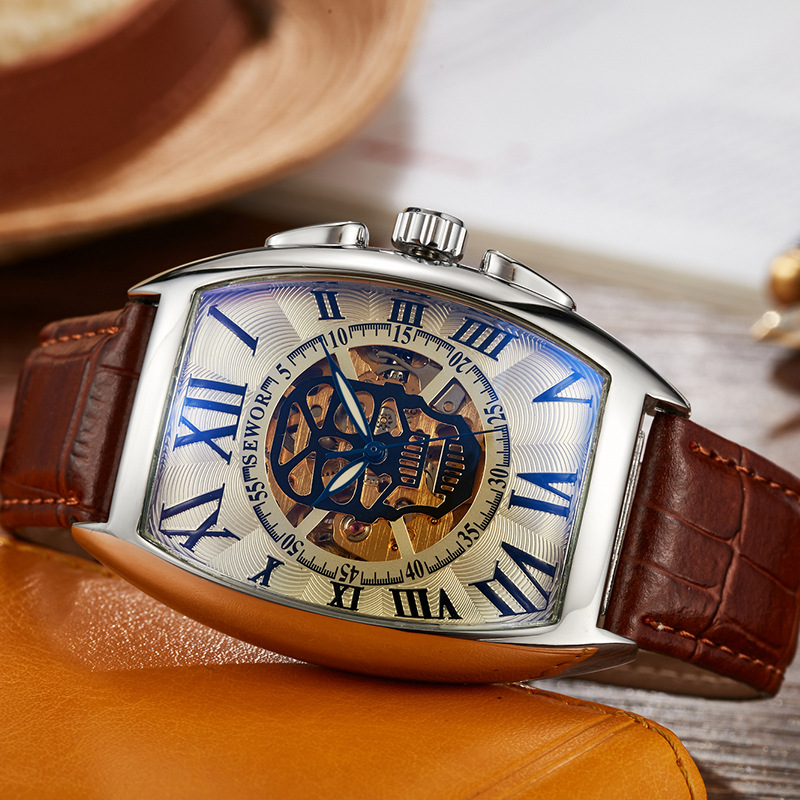 Sewor siwoqi reloj mecánico automático de los hombres hueco cráneo transparente Correa inferior reloj automático