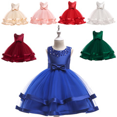 Girls' new Wish-style puffy dress with beaded performance outfit, mesh fabric children's one-piece dress