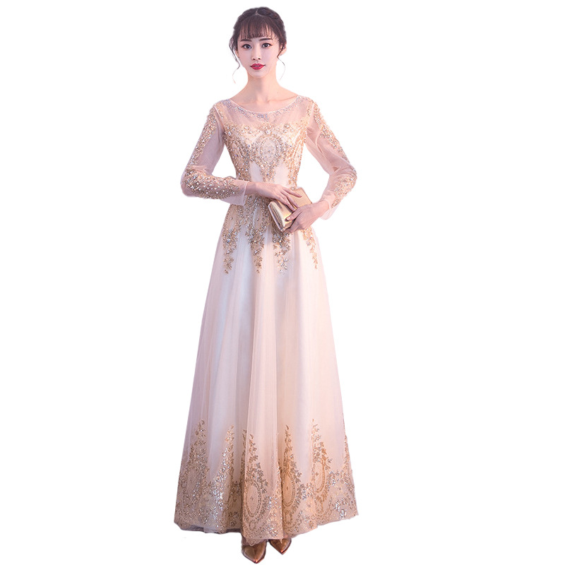 Elegante vestido de noche dorado para mujer, nuevo modelo 2026, vestido de manga larga digno y elegante para reunión anual de empresa, corte ajustado y estilo largo.
