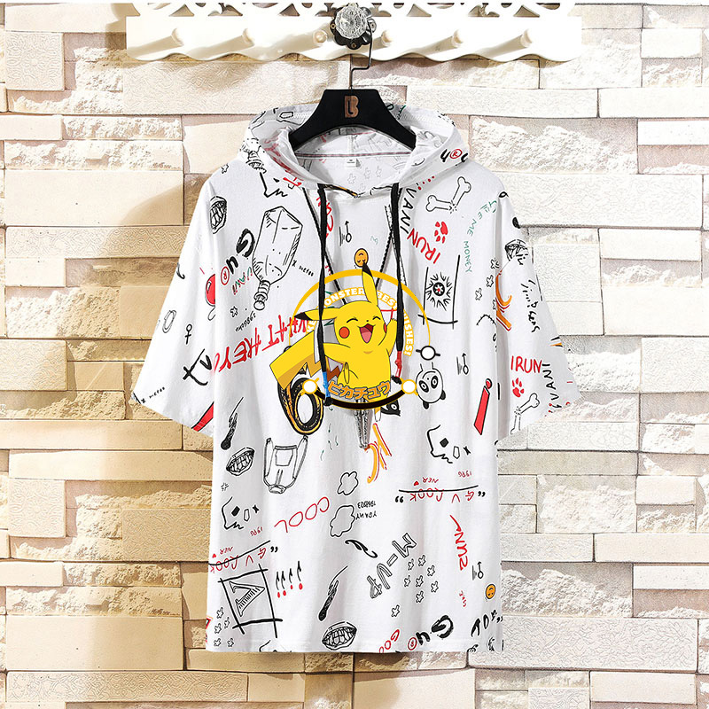 t恤男短袖夏季新款韓版潮流半袖皮卡丘卡通印花衣服男士連帽衛衣