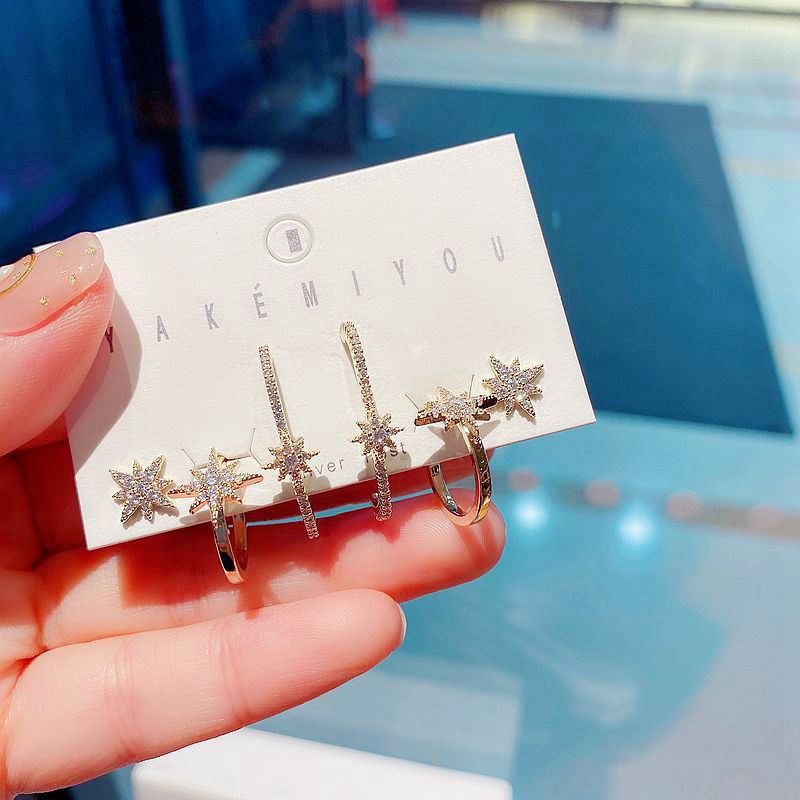Fashion Eight-pointed Star Korean 925 Silver Needle Zircon Micro-inlaid Long Earrings Ear Bone Clip Set display picture 4