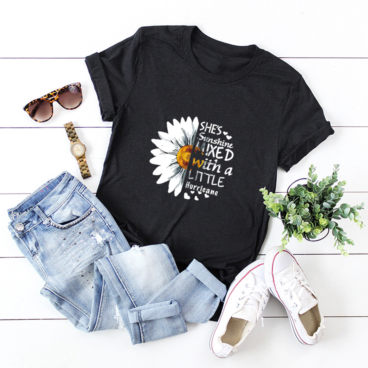 casual letters chrysanthemum short-sleeved women s T-shirt NSSN1778