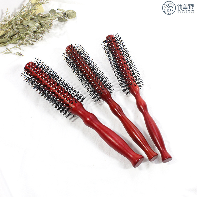 木質無鬃毛卷發梳內扣梨花頭造型梳子V型毛圓滾梳蓬松波波頭