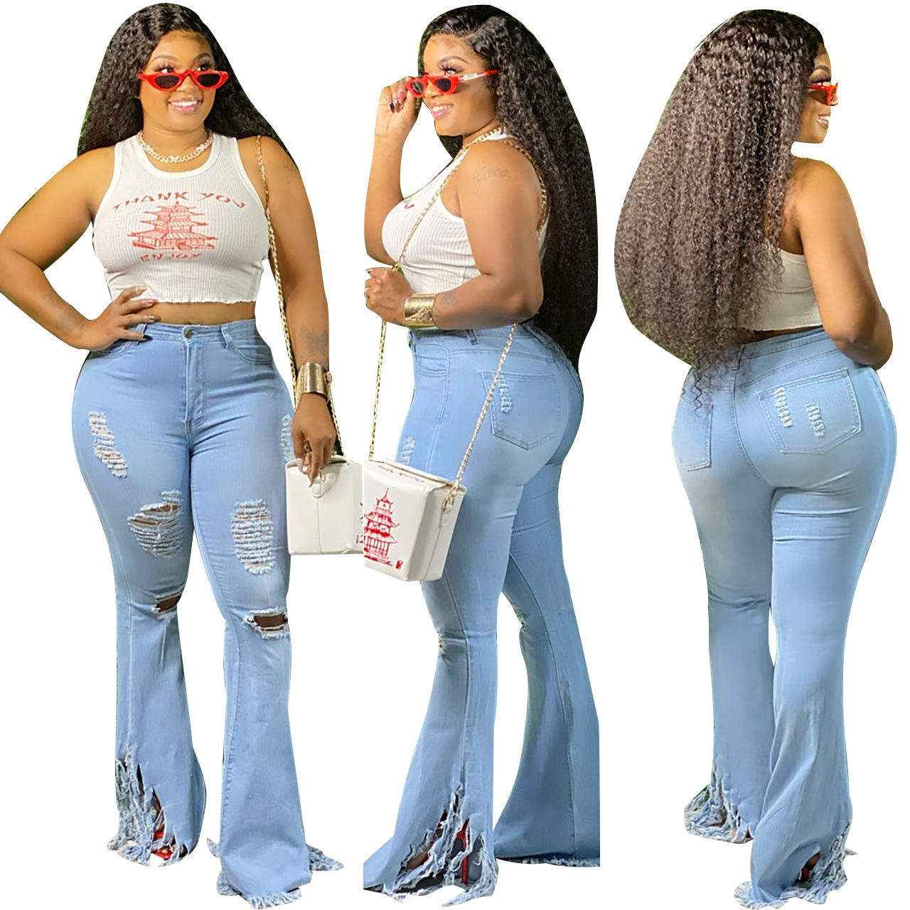 Dames high waist jeans met split en franjes in flare model_voghion.com