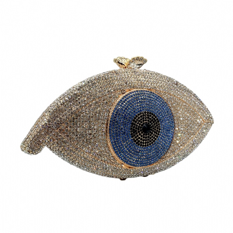 Túi clutch nữ đính kim cương kim loại rỗng cầm tay dự tiệc 19x4x10.5 cm — Màu xanh lam, Màu đen, Nền vàng kim cương trắng, Đế Vàng Kim Cương chi tiết 4