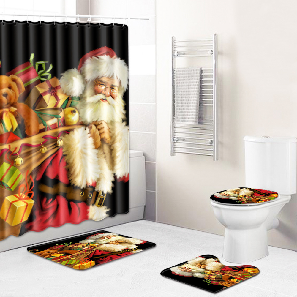 圣诞节雪橇跨境地垫浴帘卫生间防滑垫四件套亚马逊货源麋鹿