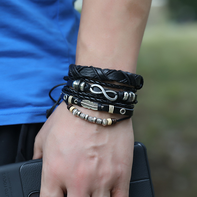 hot-selling retro braided cowhide bracelet three-piece set