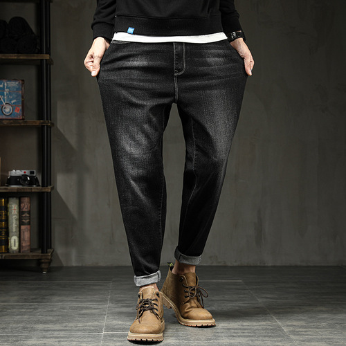 Men's plus size wide leg jeans, fat person small foot pants, straight leg loose elastic jeans, men's clothing