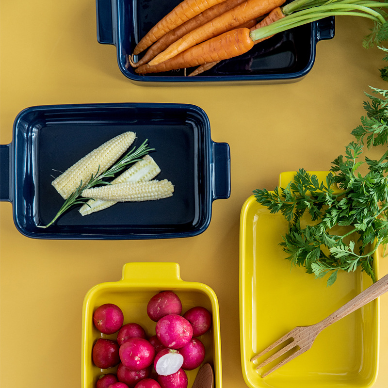 陶瓷色釉烤盘简约长方形烤箱盘双耳烘培盘千层面盘子芝士焗饭盘