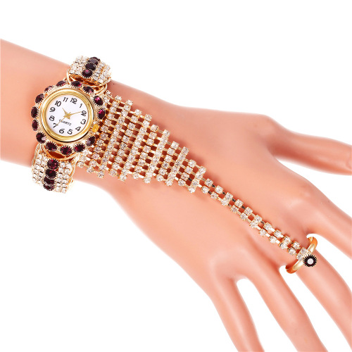 Factory Direct Supply New Khorasan Trendy Women's Full Diamond Claw Chain Ring Set Watch Fashion Women's Bracelet